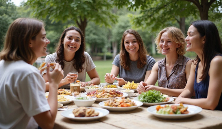 Un grupo de amigos compartiendo una comida saludable en una mesa al aire libre, riendo y disfrutando de la compañía, simbolizando la alimentación social y el disfrute.