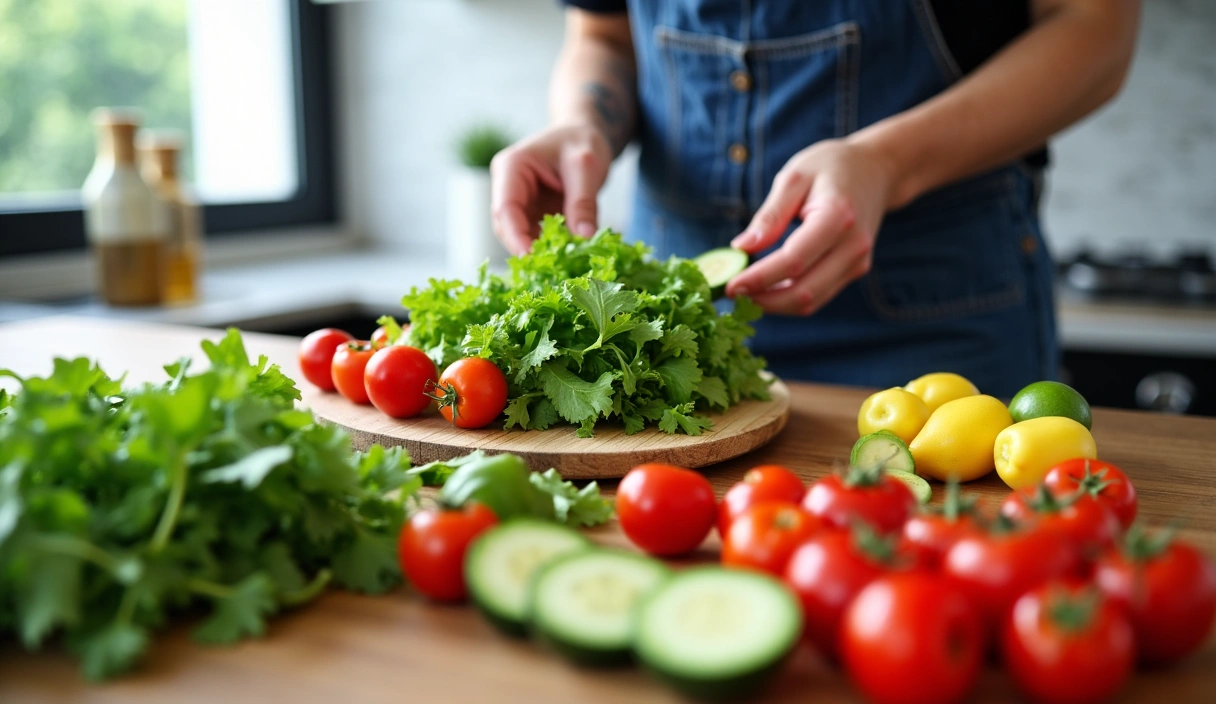 Una persona preparando una ensalada fresca con una variedad de vegetales coloridos, mostrando un estilo de vida saludable y una alimentación consciente.