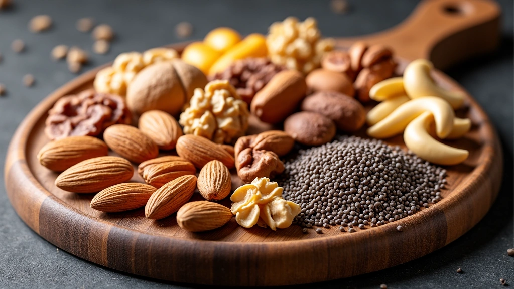 Una tabla de madera llena de diferentes tipos de frutos secos y semillas, como almendras, nueces, anacardos, semillas de chía y semillas de lino, destacando su valor nutricional.